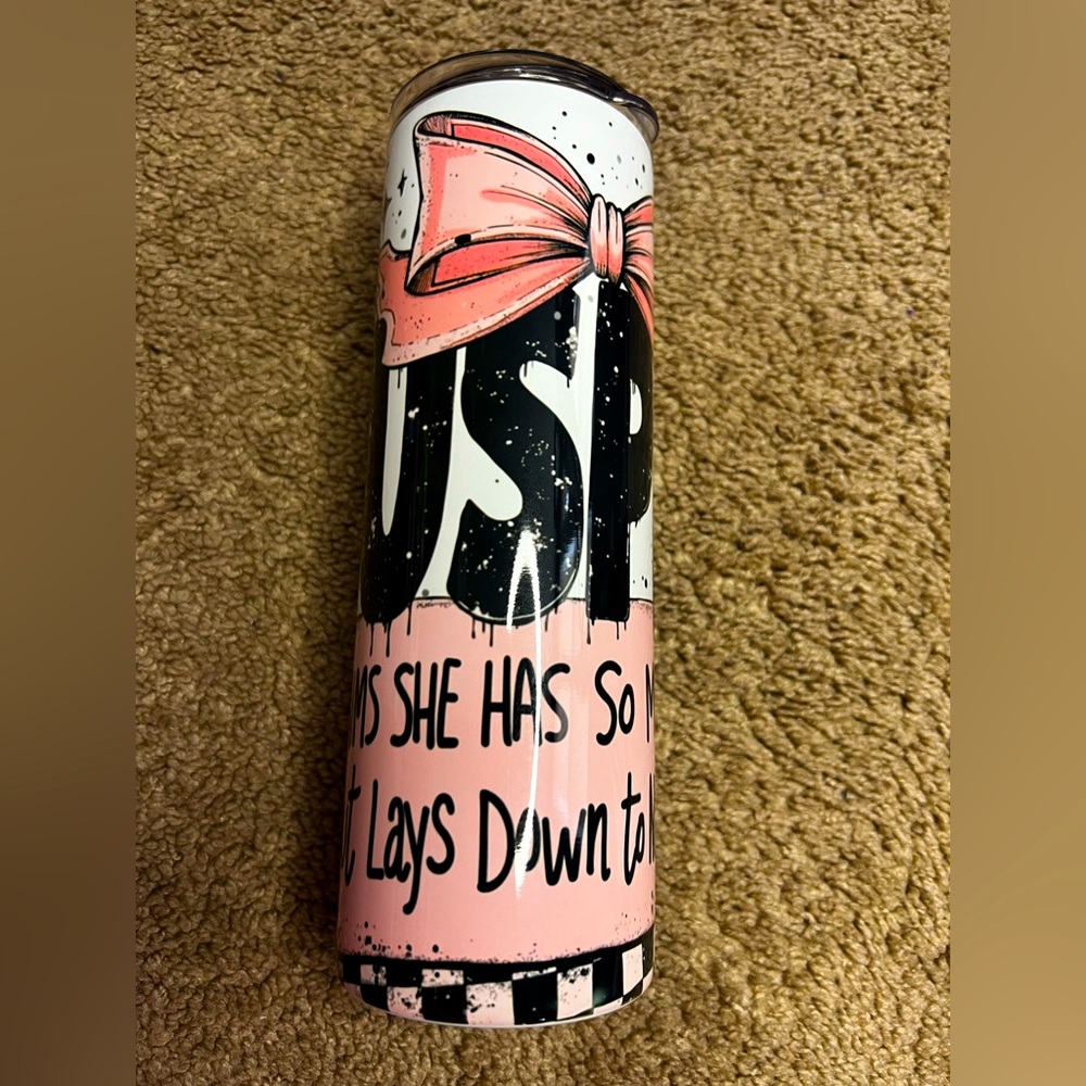 “SUSPECT” Pink and Black Tumbler with Bow Design